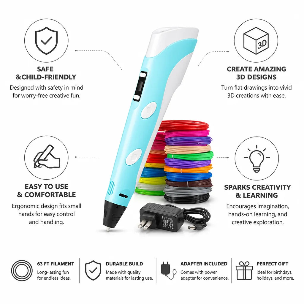 3D Drawing Pen Child-Safe Ergonomic Filament Set & Adapter