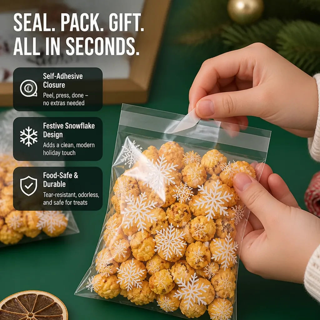 Cookie Bags Transparent Snowflake Self-Adhesive 50-Pack