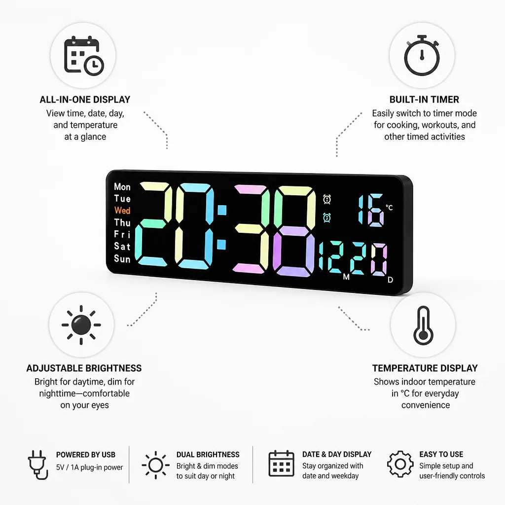 Digital Clock Large LED Time Date & Temperature