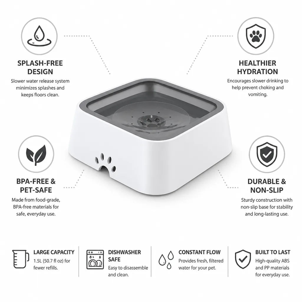 Dog Water Dispenser Splash-Free Slow-Flow BPA-Free 1.5L