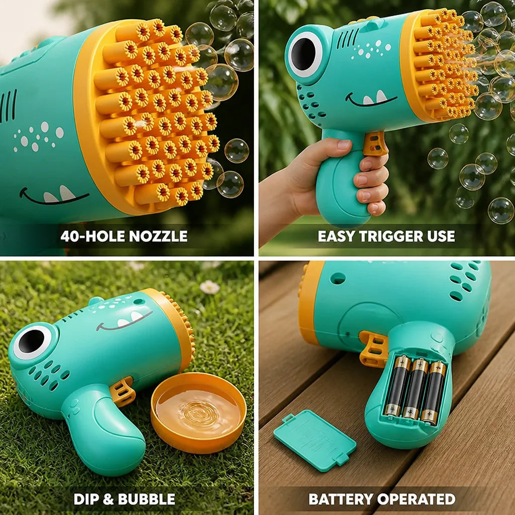 Kids Bubble Blaster Dinosaur Design 40-Hole Battery Operated