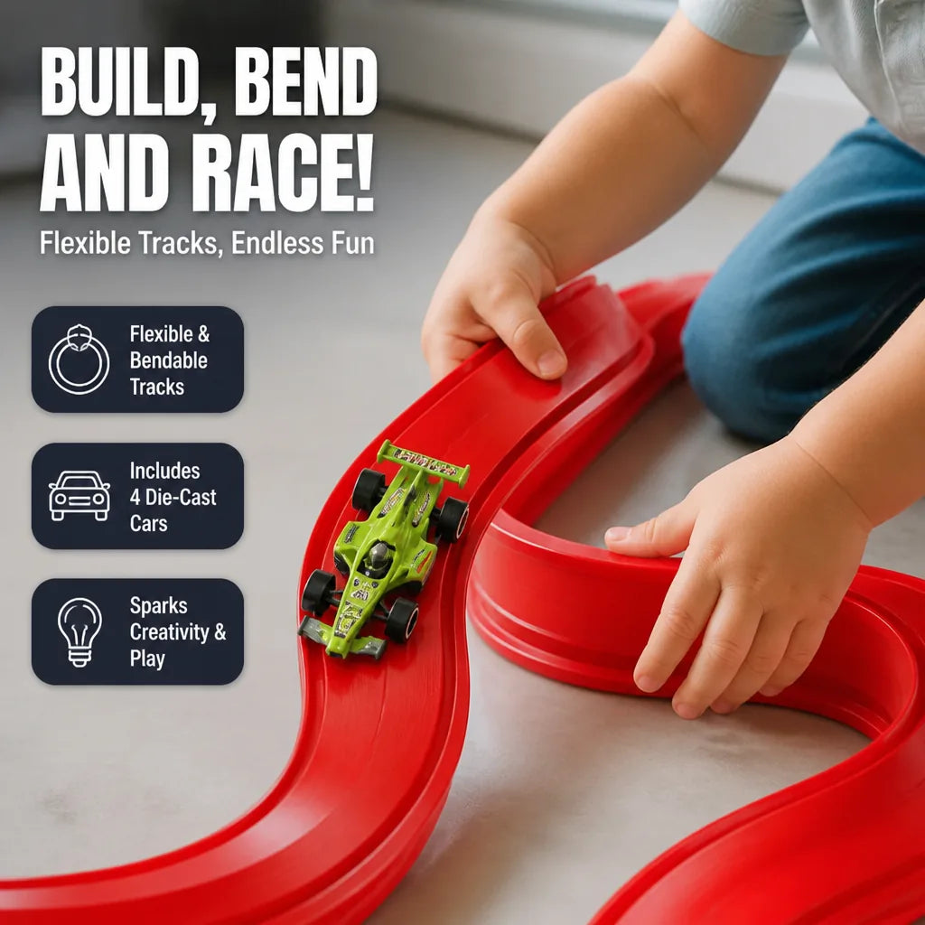 Kids Race Track Set Flexible 4 Die-Cast Cars