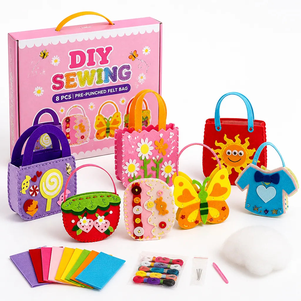 Kids Sewing Kit Pre-Punched Felt Bags Set of 8