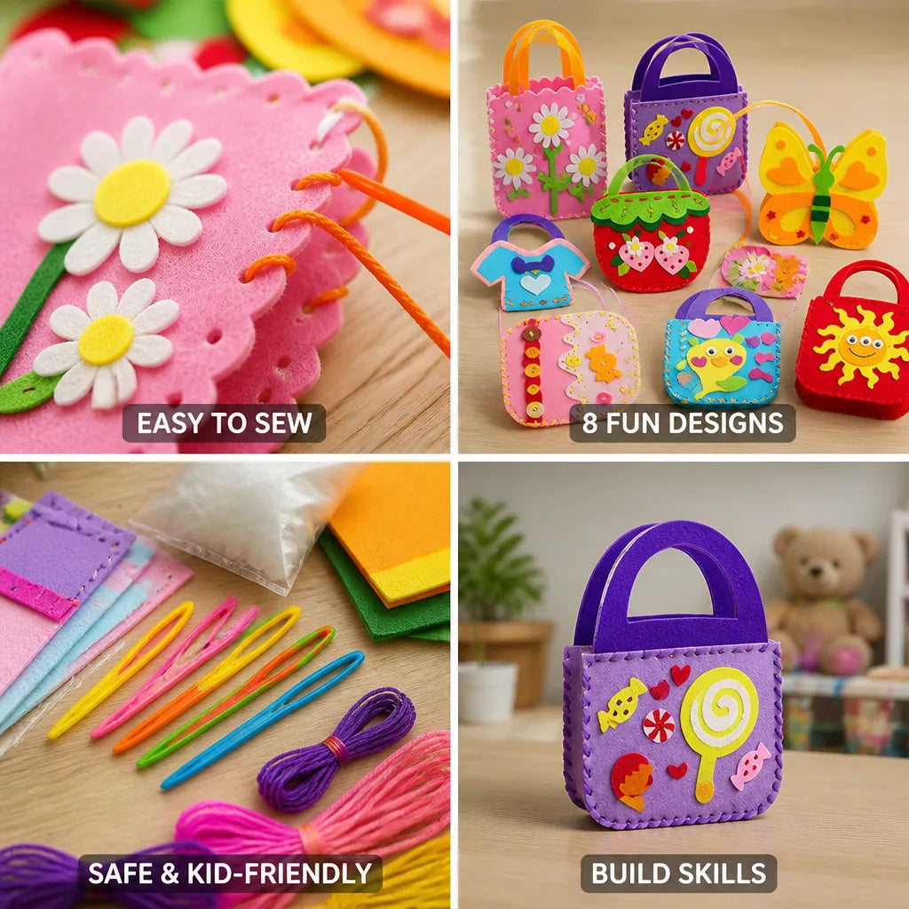 Kids Sewing Kit Pre-Punched Felt Bags Set of 8