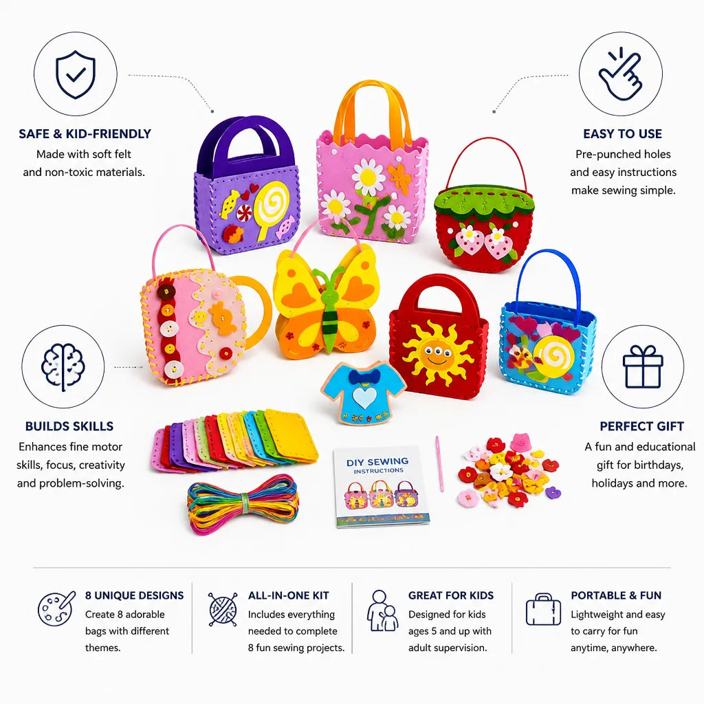Kids Sewing Kit Pre-Punched Felt Bags Set of 8