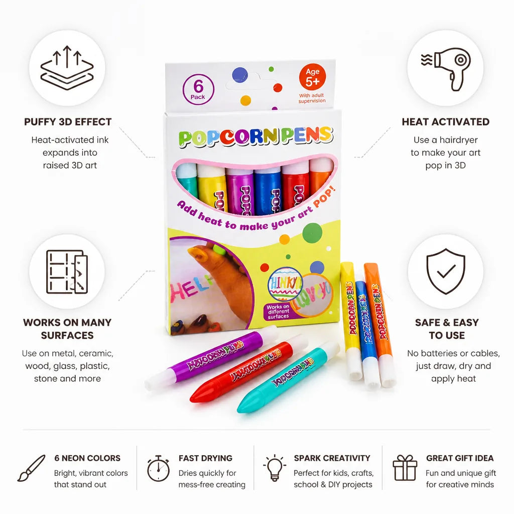 Puffy Art Pens Heat-Activated 3D Neon Set of 6